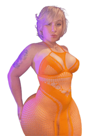 a woman in an orange fishnet bodysuit posing
